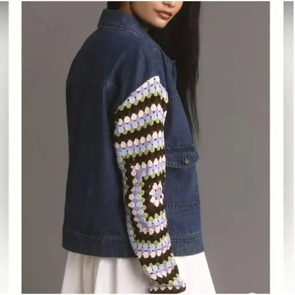 Anthropologie Crochet Sleeve Denim Jacket S NWOT Blue Purple Green Boho Western